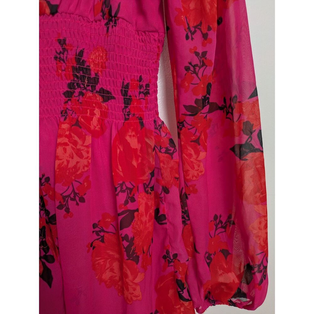 Betsey Johnson Smocked Hot Pink Floral Babydoll Mini Dress w/ Long Sleeves Sz 6 - Picture 7 of 8